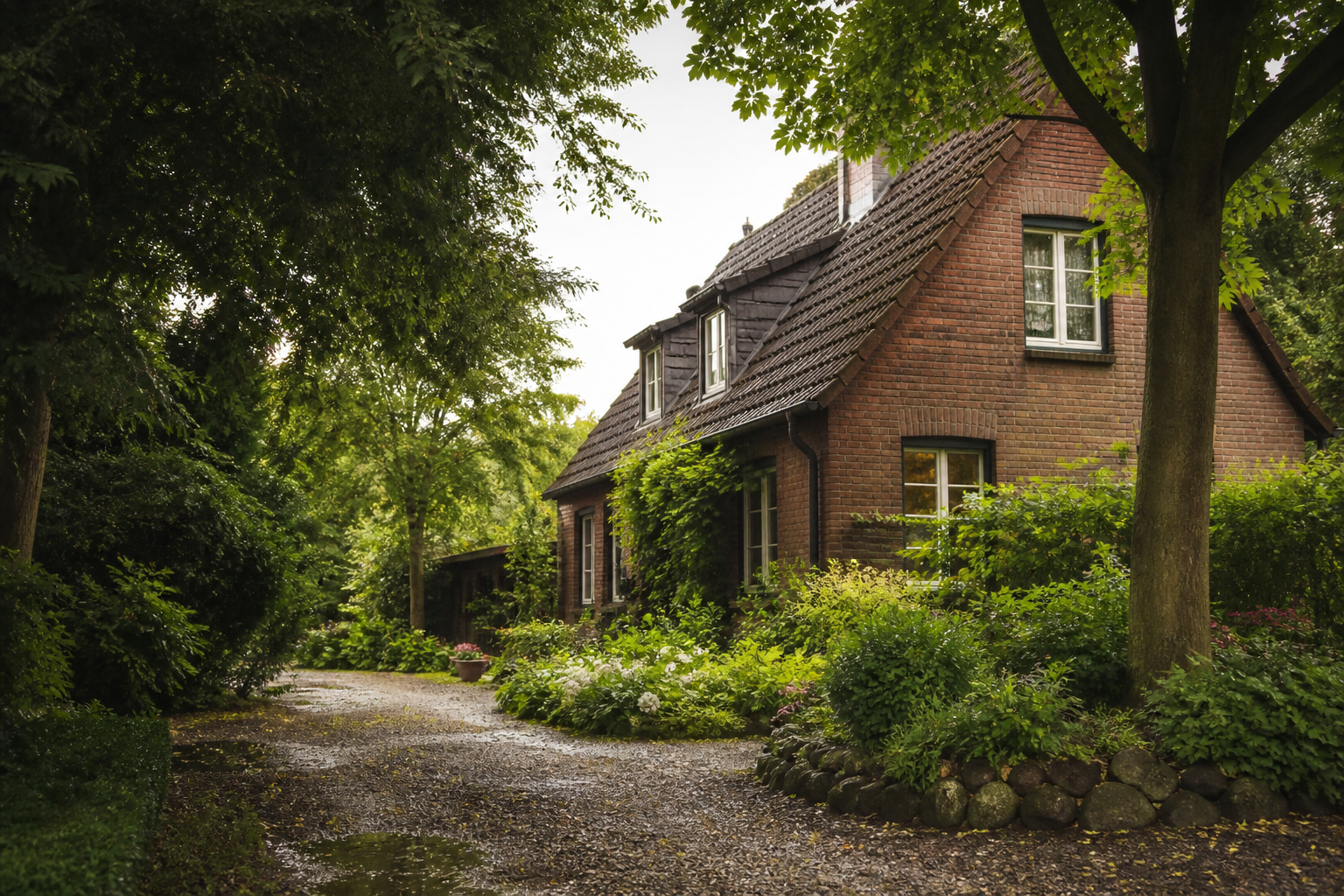 Generische KI-Illustration eines Hauses mit Garten, keine tatsächliche Erlanger Adresse